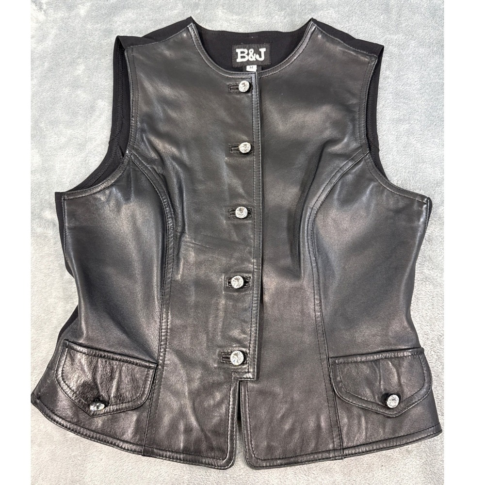 B&J Vest Womens Black Leather Crystal Button Front Flap Pocket Medium B & J
